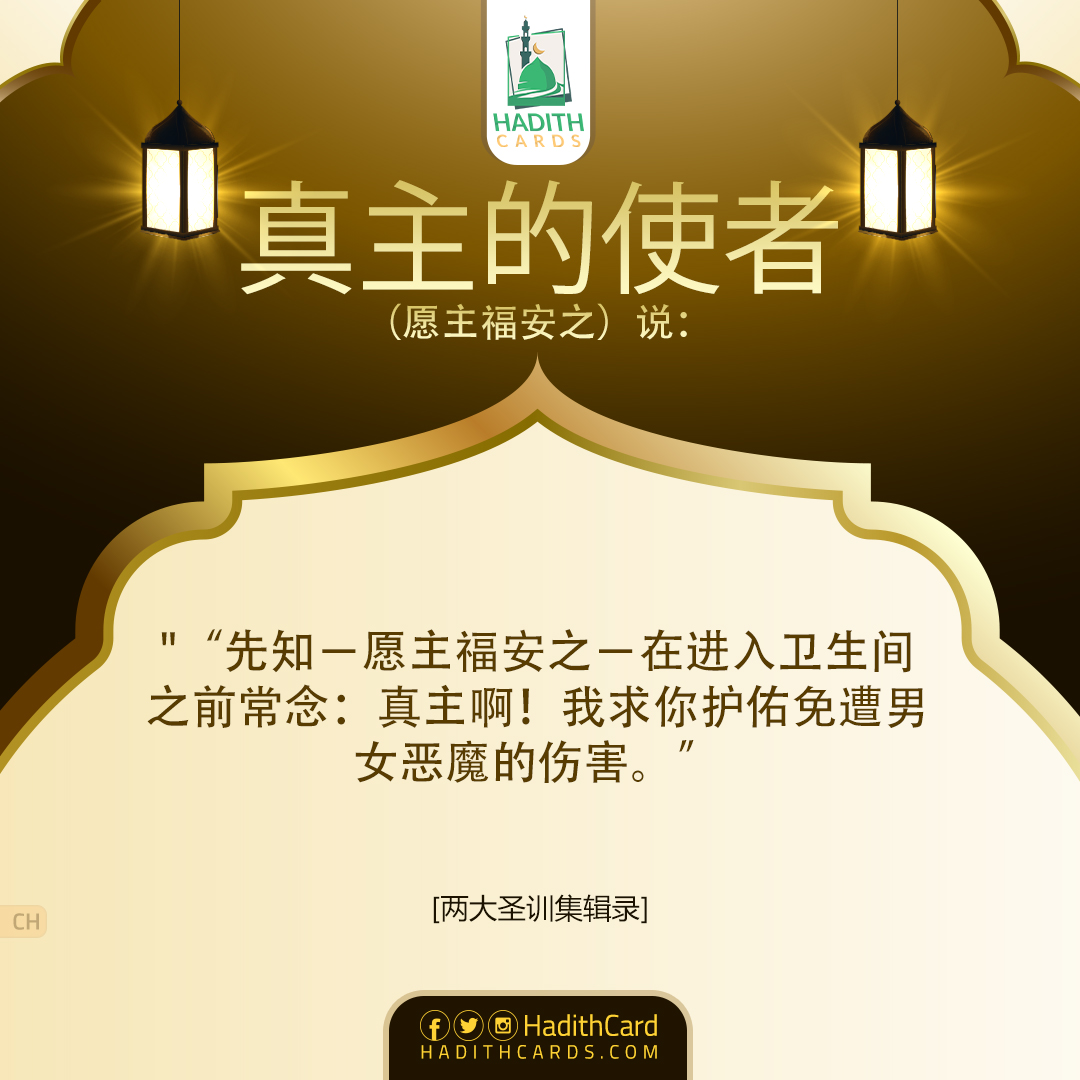 先知－愿主福安之－在进入卫生间之前常念：真主啊！我求你护佑免遭男女恶魔的伤害
